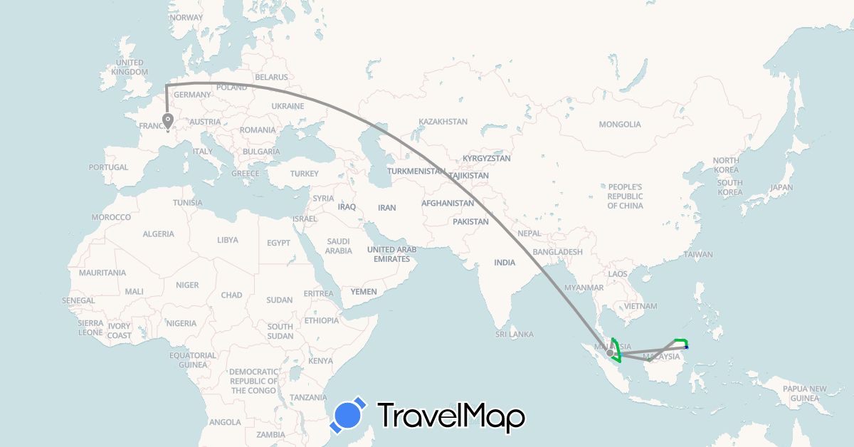 TravelMap itinerary: driving, bus, plane, boat in France, Malaysia, Netherlands, Singapore (Asia, Europe)
