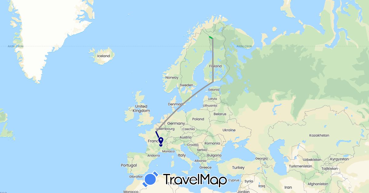 TravelMap itinerary: driving, bus, plane in Finland, France (Europe)