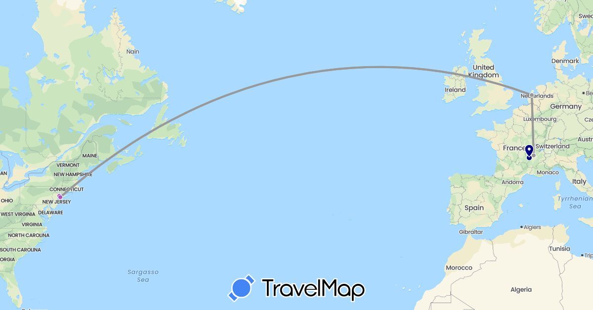 TravelMap itinerary: driving, plane, train in France, Netherlands, United States (Europe, North America)