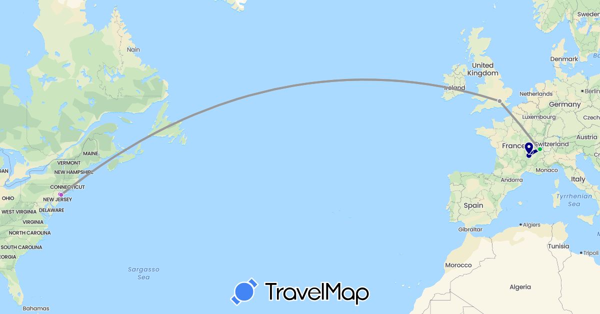 TravelMap itinerary: driving, bus, plane, train in Switzerland, France, United Kingdom, United States (Europe, North America)
