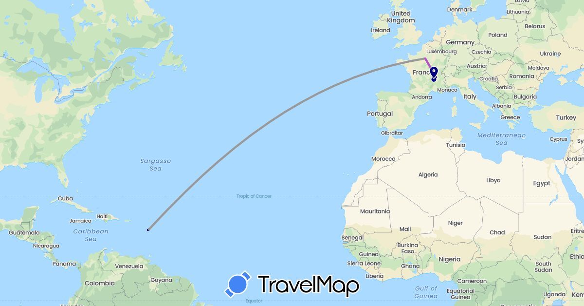 TravelMap itinerary: driving, plane, train in France, Guadeloupe (Europe, North America)